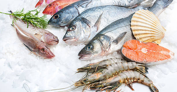 Seafood on ice at the fish market up to 40% offer